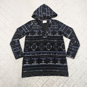 Sol Angeles Hoodie Women's M Gray Blue Aztec Baja Pullover Sweater V-Neck